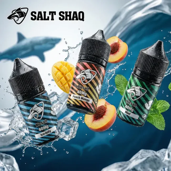 鯊克煙油 SALT SHAQ 40mg 水蜜桃芒果、薄荷與冰爽口味瓶身
